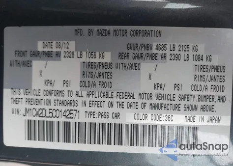 2012 Mazda Mazda5 Grand Touring z USA, uszkodzony, nr VIN JM1CW2DL5C0142571